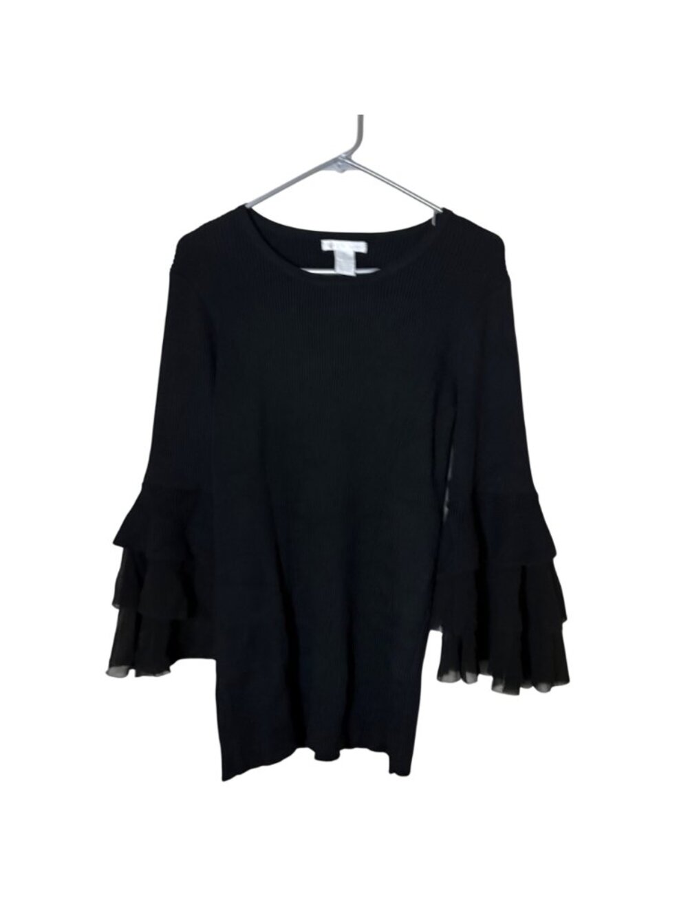 Design History XXL Black Ribbed Knit Top Tiered Ruffle Bell Sleeve Blouse Dressy - Picture 2 of 8